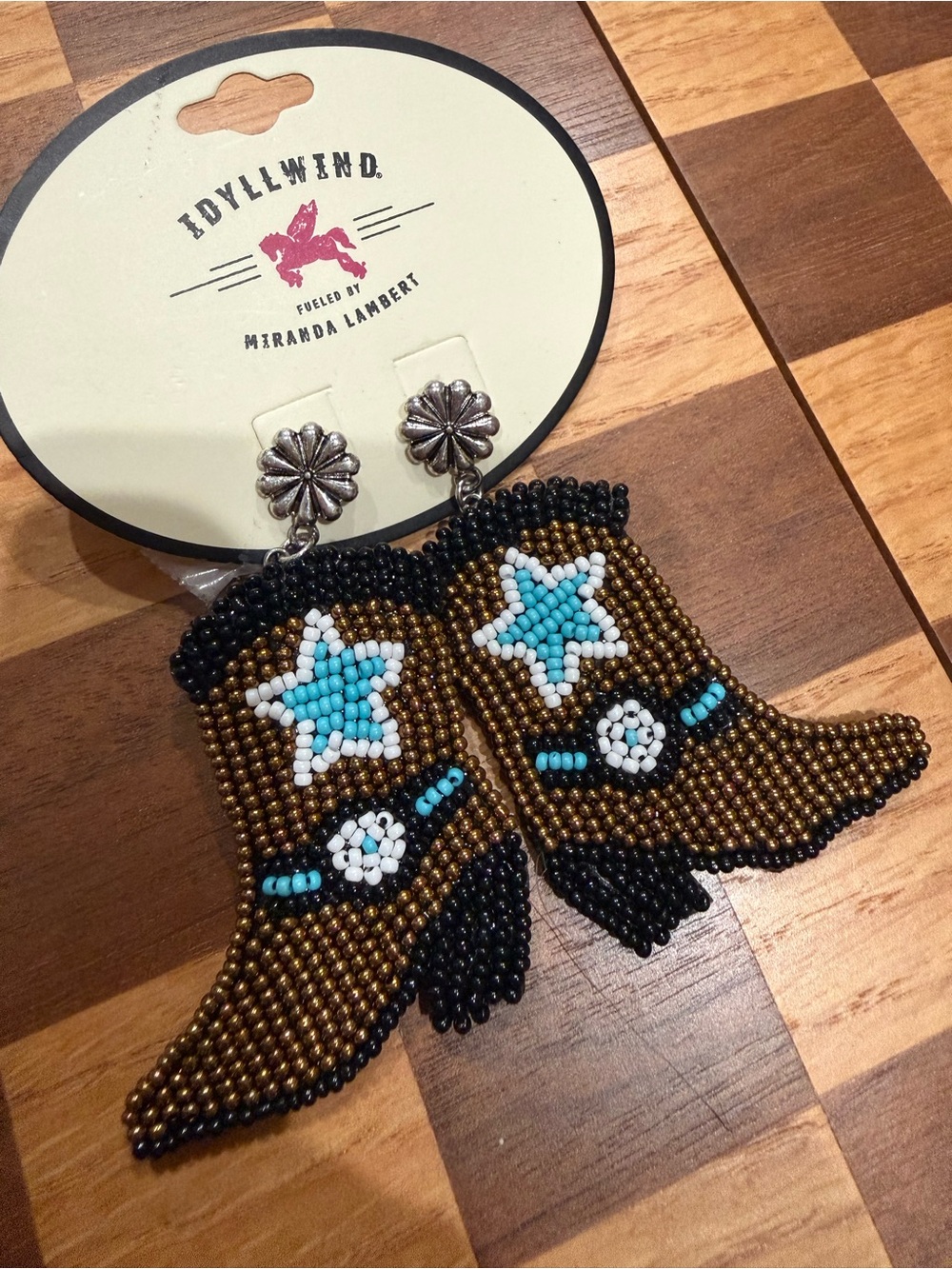 Idyllwind Beaded Cowboy Boot Earrings in Brown, Black & Turquoise